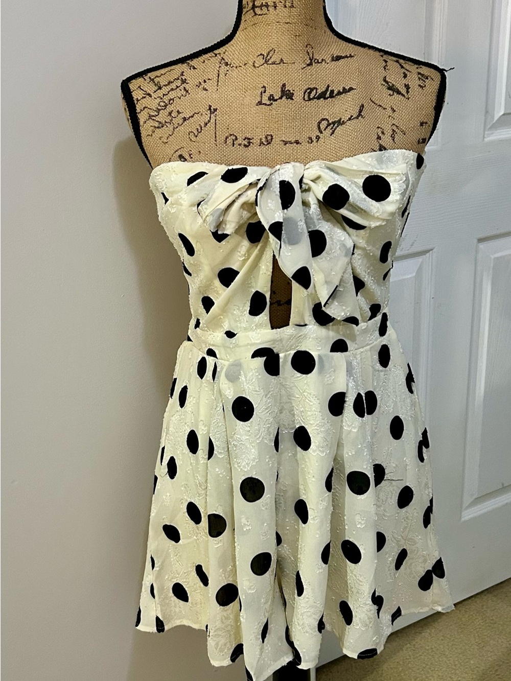 Fashion Nova Ivory Strapless Polka Dot Bow Front Dress